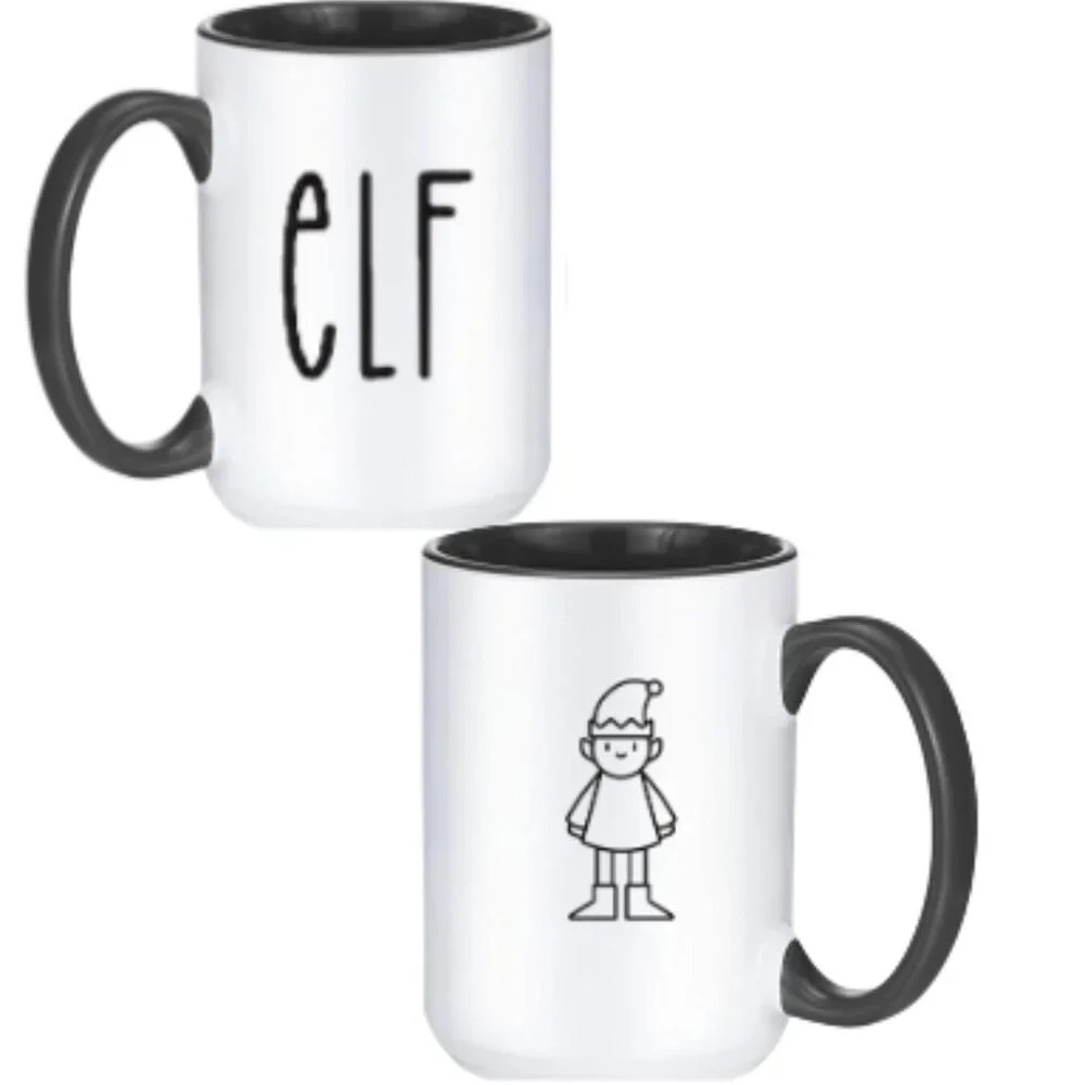 "Elf" 🎄 Minimalist Mug – 15oz Black & White – Perfect Holiday Gift 🎁